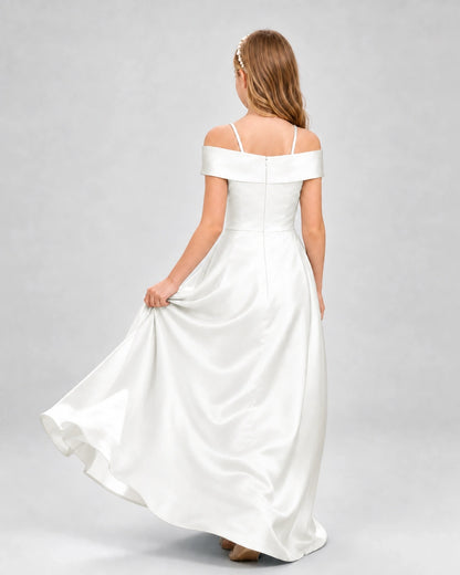 Ivory Satin Off-The-Shoulder A-Line Girls Formal Dresses Back View