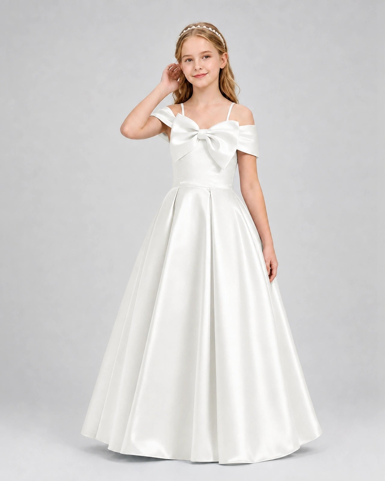 Ivory Satin Off Shoulder A Line Girls Formal Dresses Front View