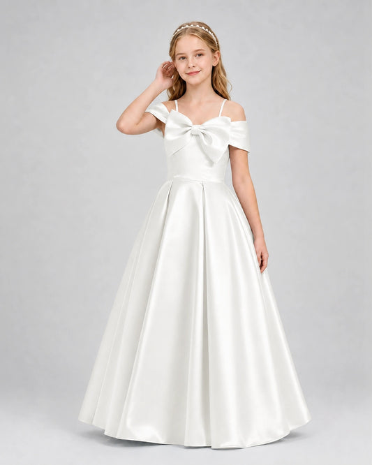 Ivory Satin Off Shoulder A Line Girls Formal Dresses Front View