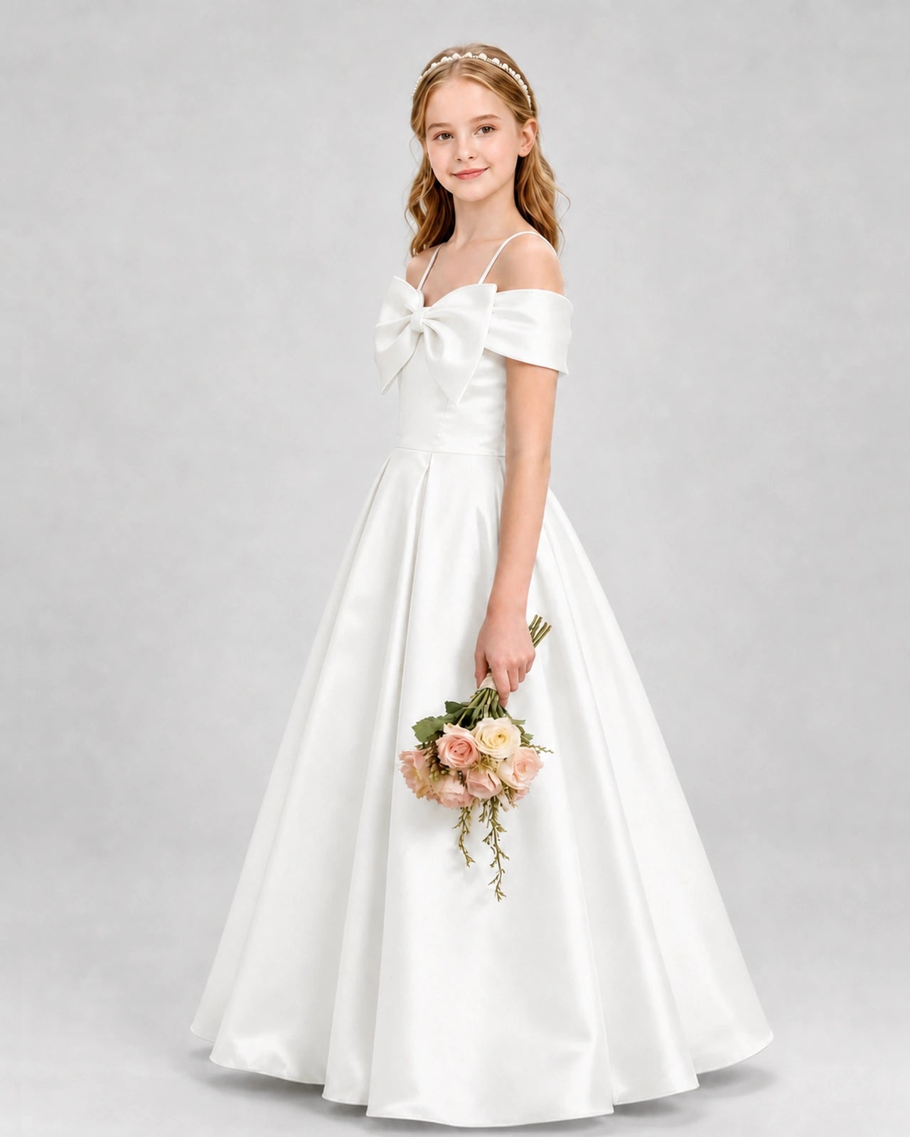 Ivory Satin A-Line Girls Formal Dresses Side View