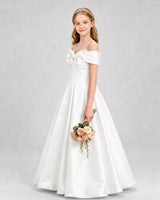 Ivory Satin A-Line Girls Formal Dresses Side View