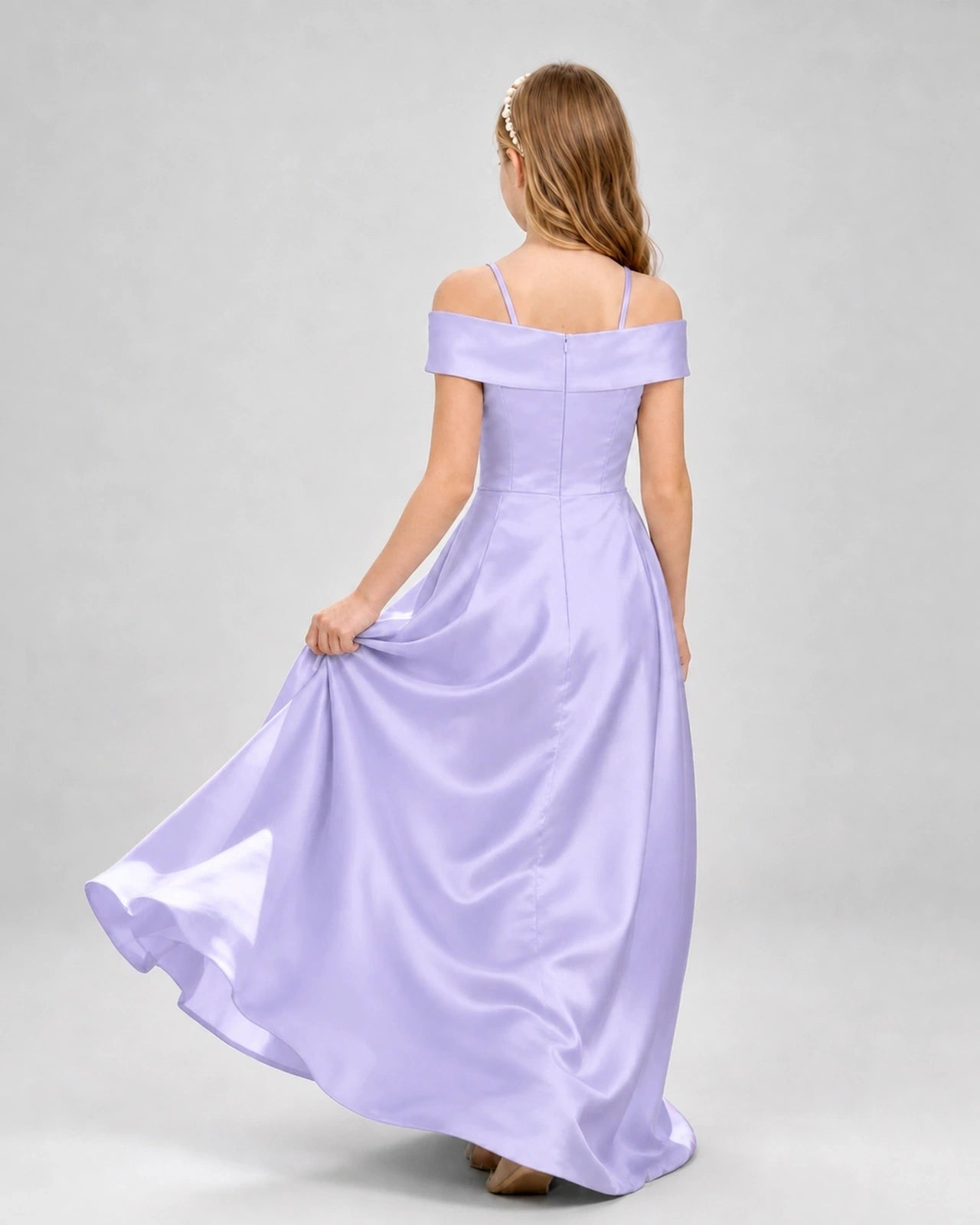 Lavender Satin Off-The-Shoulder Girls Formal Dresses Back View
