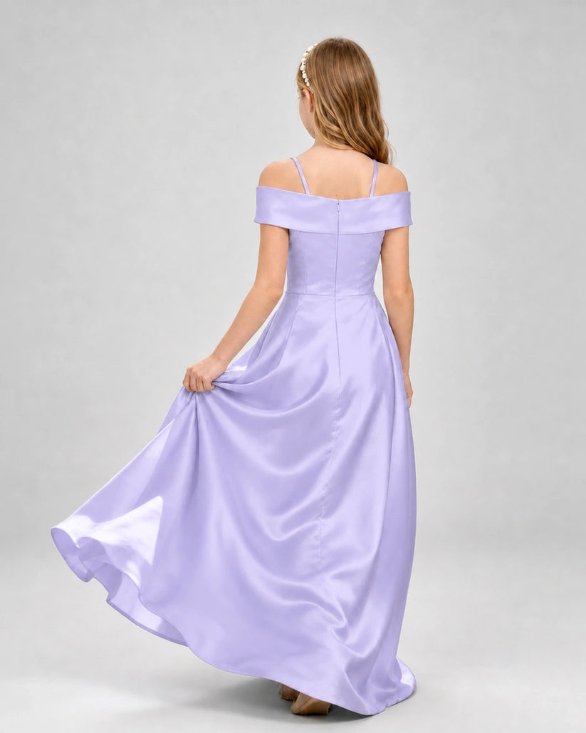 Lavender Satin Off-The-Shoulder Girls Formal Dresses Back View