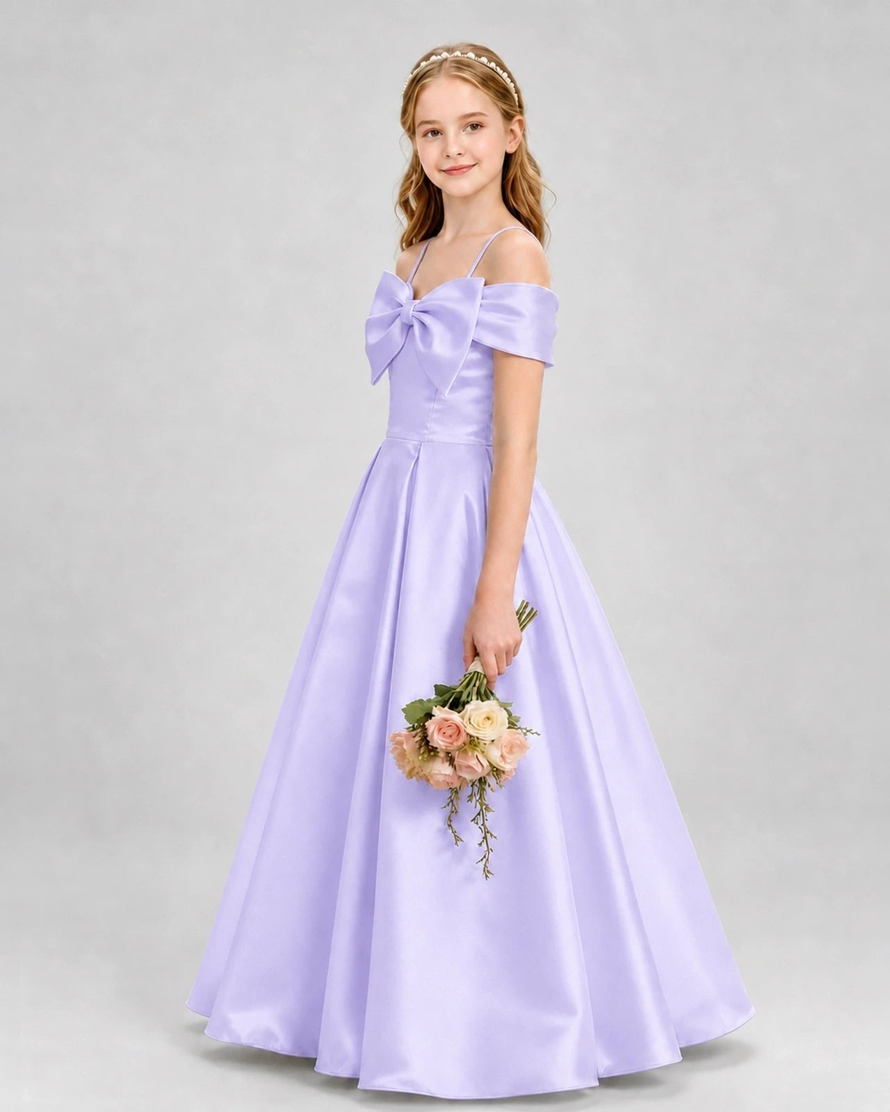 Lavender Satin A-Line Girls Formal Dresses Side View