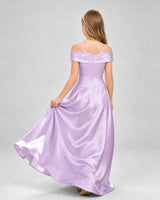Lilac Satin Cold Shoulder A-Line Girls Formal Dresses Back View