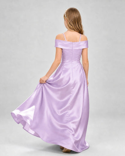 Lilac Satin Cold Shoulder A-Line Girls Formal Dresses Back View