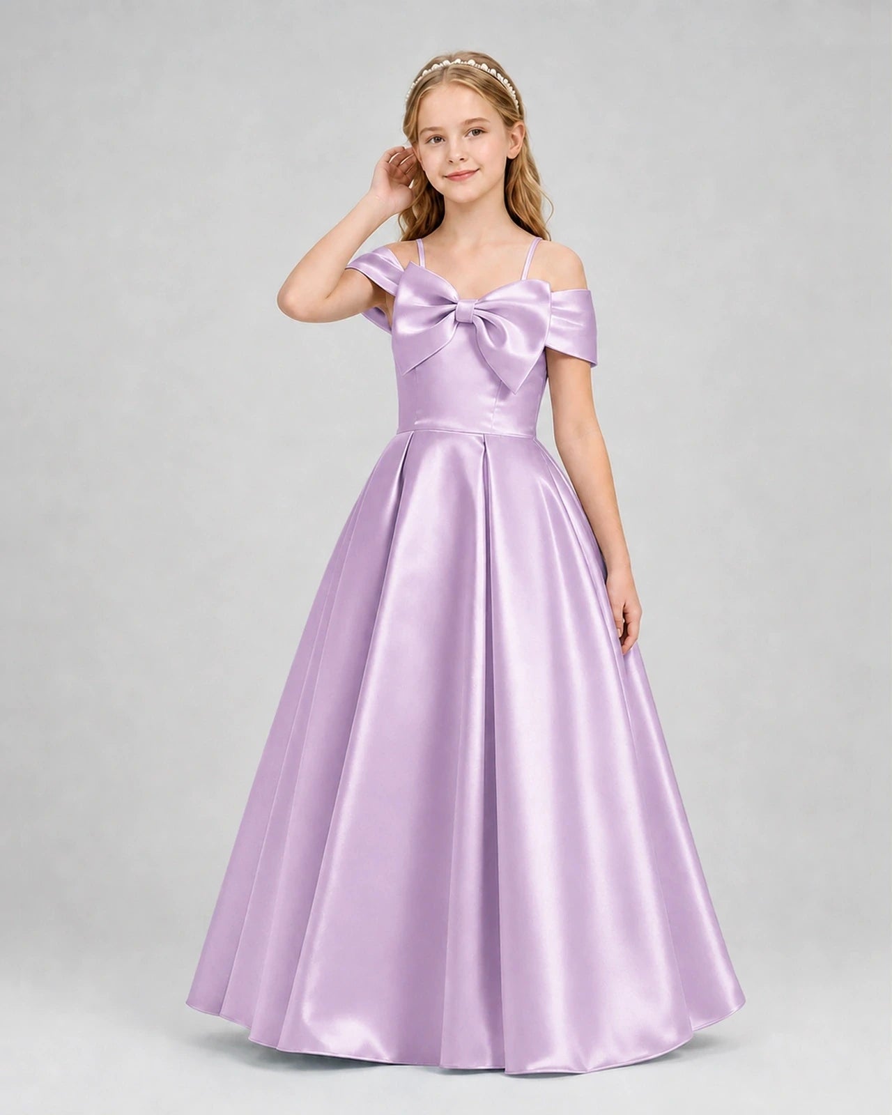 Lilac satin off-the-shoulder bow girls formal dresses Front View
