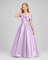 Lilac satin off-the-shoulder bow girls formal dresses Front View