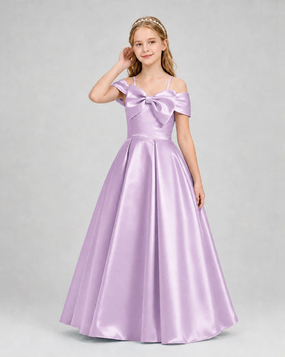 Lilac satin off-the-shoulder bow girls formal dresses Front View