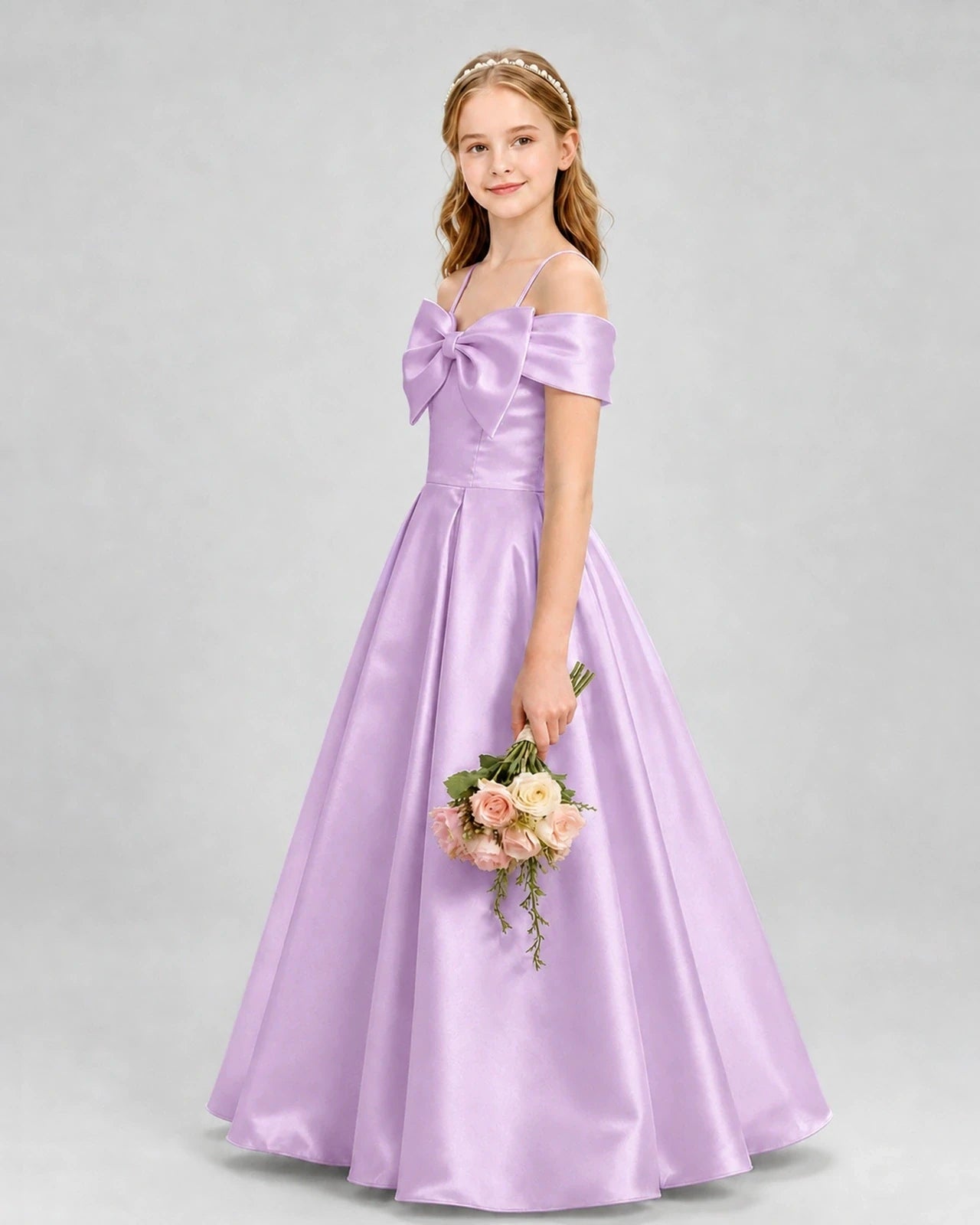 Lilac Satin Bow A-Line Girls Formal Dresses Side View