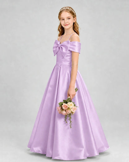 Lilac Satin Bow A-Line Girls Formal Dresses Side View