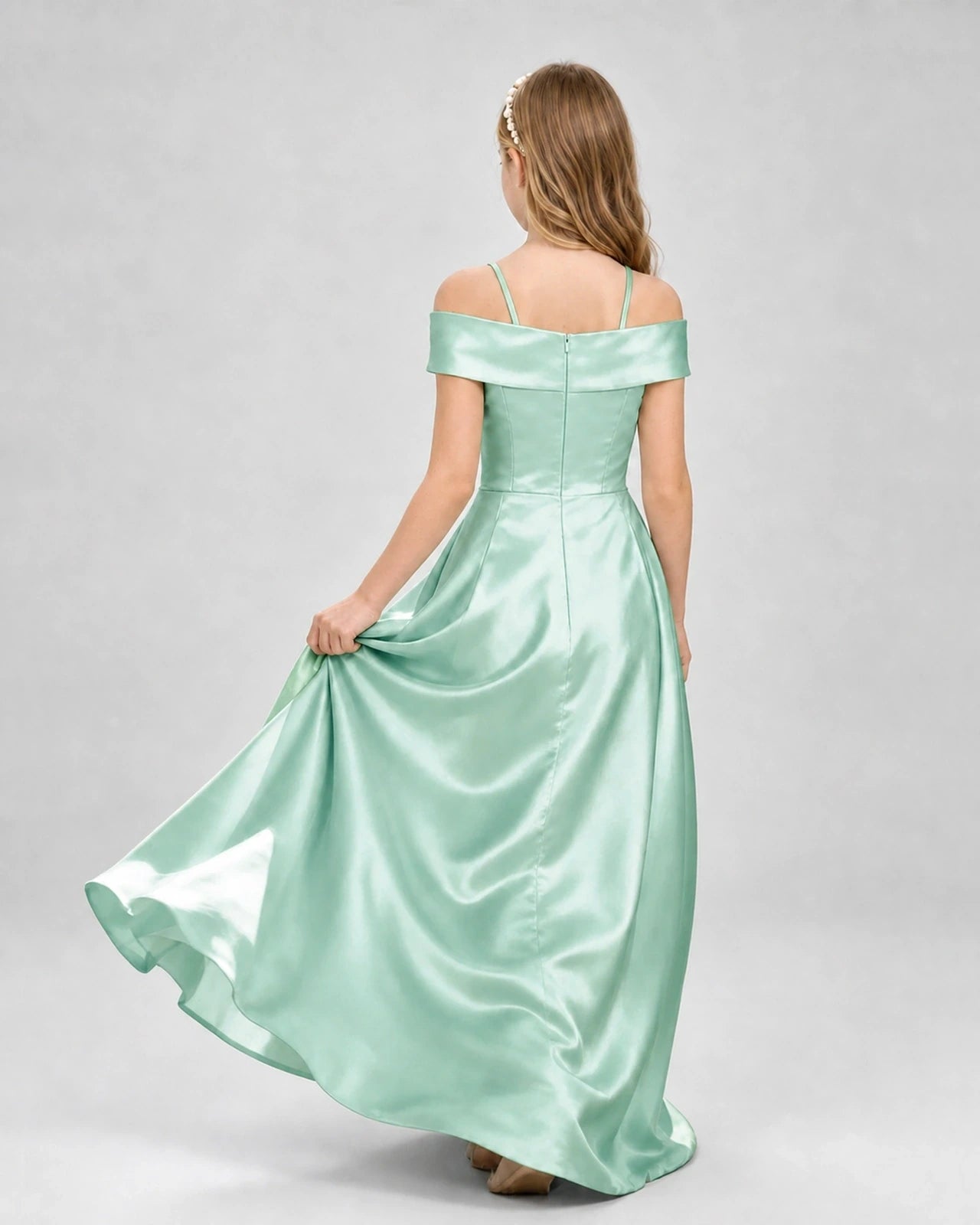 Mint Green Satin Off-the-Shoulder Girls Formal Dresses Back View
