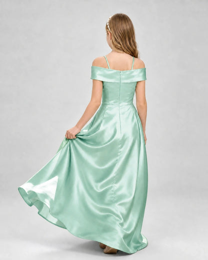 Mint Green Satin Off-the-Shoulder Girls Formal Dresses Back View