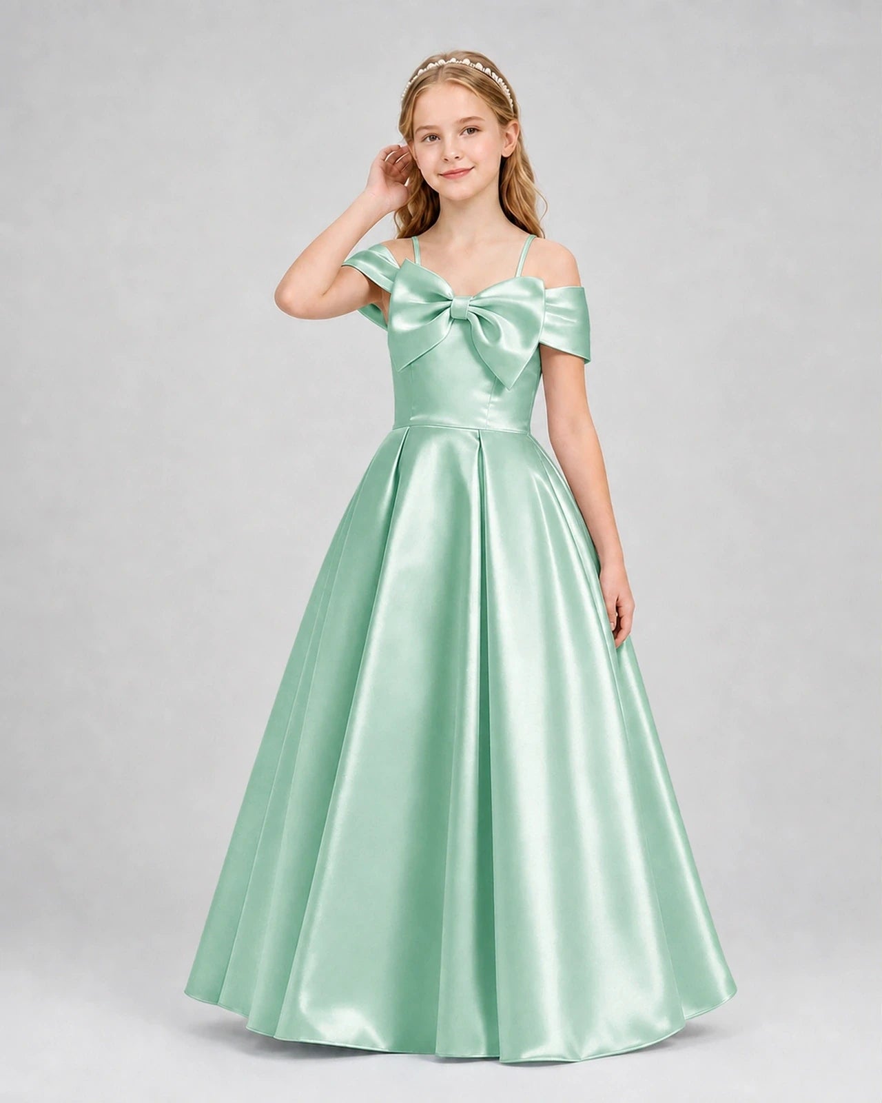 Mint Green Satin Off-The-Shoulder Bow Girls Formal Dresses Front View