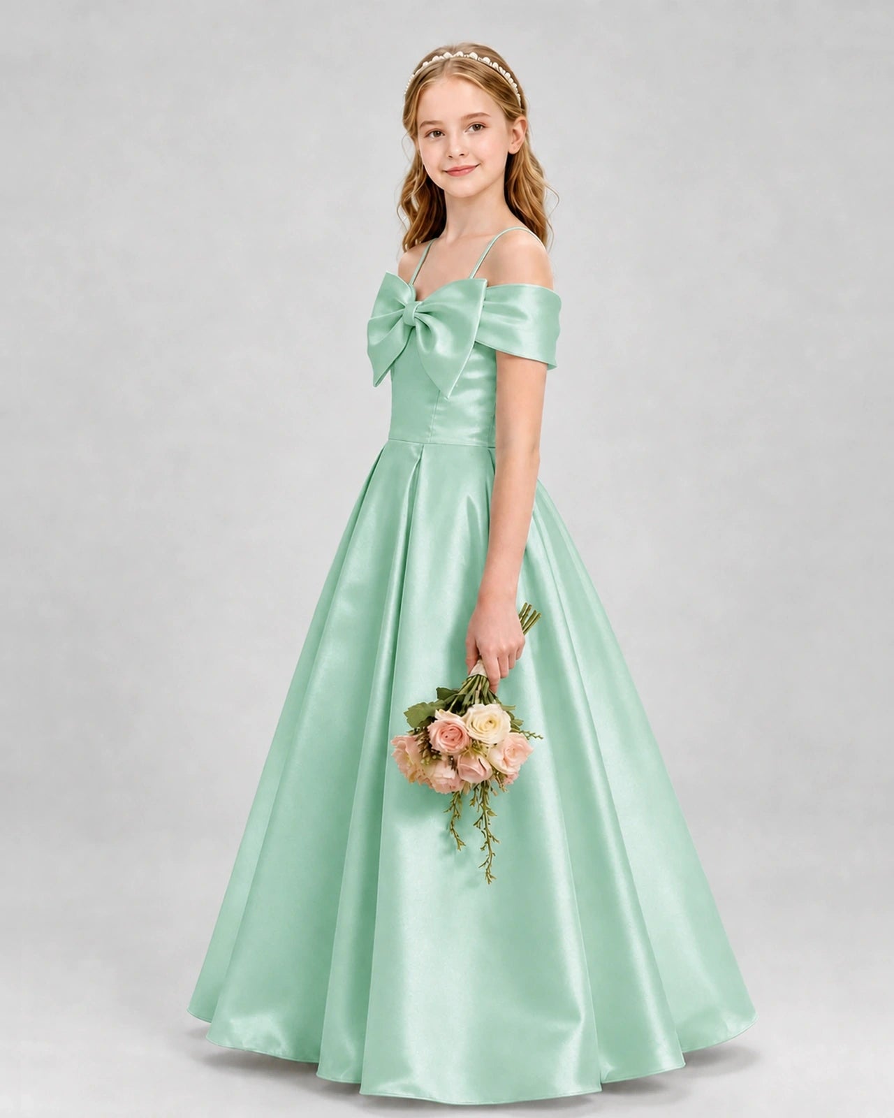Mint Green Satin Bow A-Line Girls Formal Dresses Side View