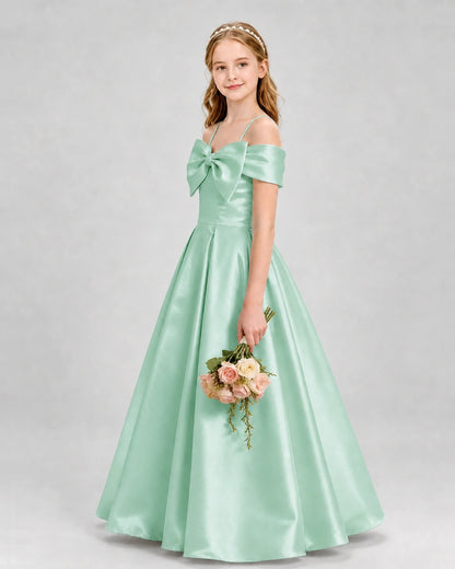 Mint Green Satin Bow A-Line Girls Formal Dresses Side View