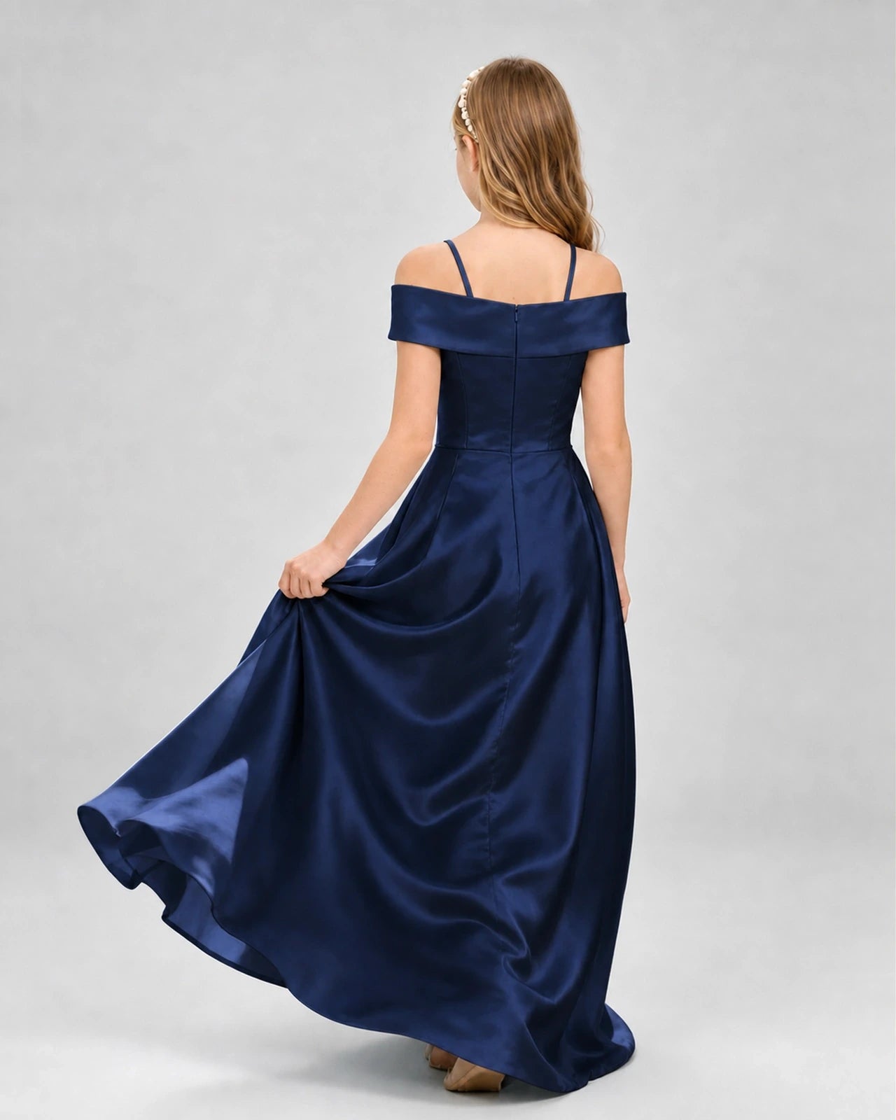 Navy Blue Satin Off-Shoulder Girls Formal Dresses Back View