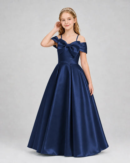 Navy Blue Satin Bow Off Shoulder A Line Girls Formal Dresses Front View