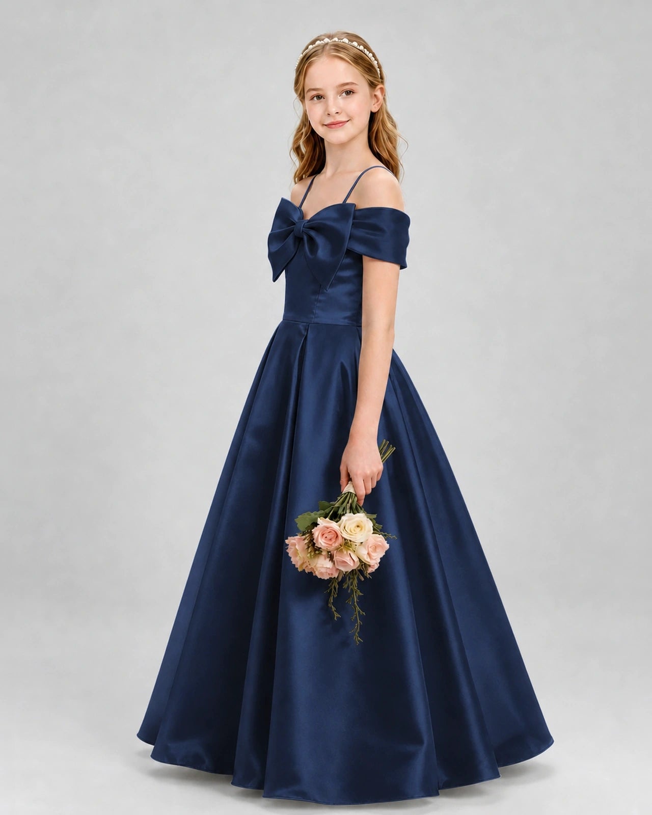 Navy Blue Satin Bow Off Shoulder Girls Formal Dresses Side View