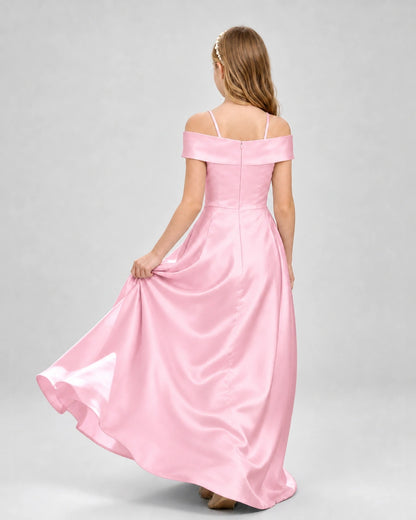 Pink Satin Off-The-Shoulder Girls Formal Dresses Back View