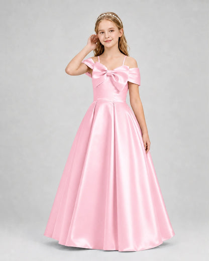 Pink Satin A-Line Girls Formal Dresses Front View