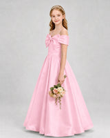 Pink Satin Off-The-Shoulder Bow A-Line Girls Formal Dresses Side View