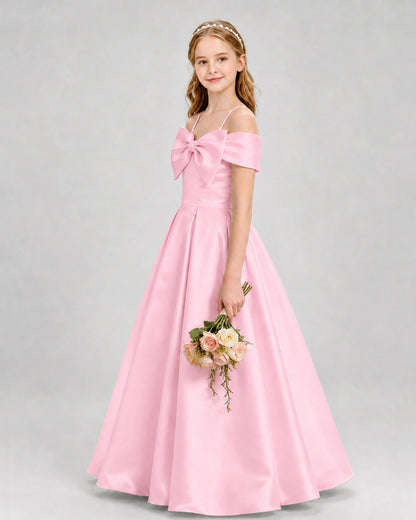 Pink Satin Off-The-Shoulder Bow A-Line Girls Formal Dresses Side View