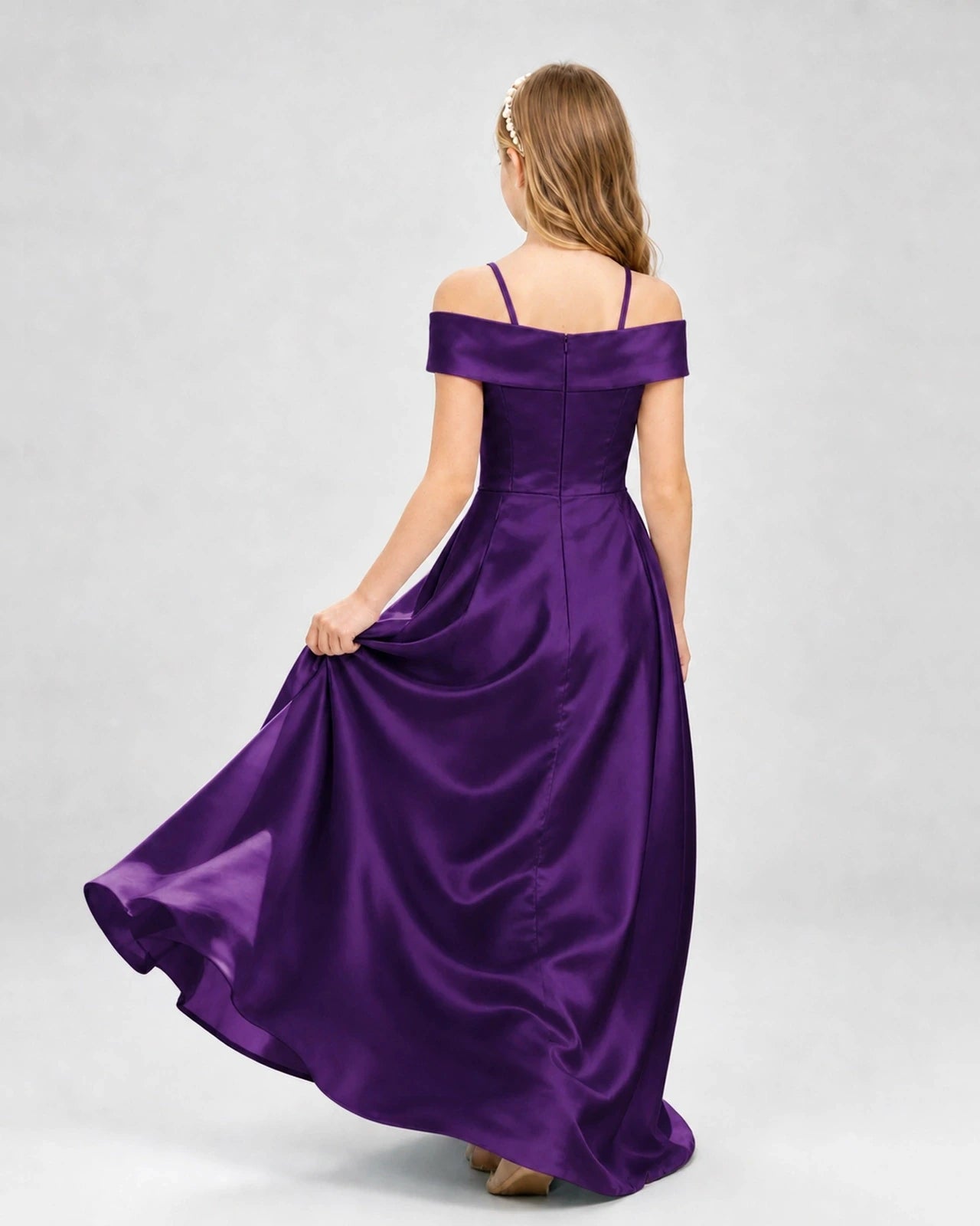 Purple Satin Off-Shoulder A-Line Girls Formal Dresses Back View