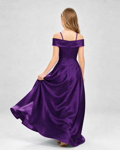 Purple Satin Off-Shoulder A-Line Girls Formal Dresses Back View