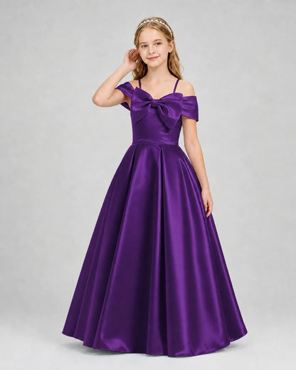 Purple Satin Off-the-Shoulder Bow A-Line Girls Formal Dresses Front View