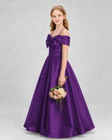 Purple Satin Off-The-Shoulder Bow A-Line Girls Formal Dresses Side View