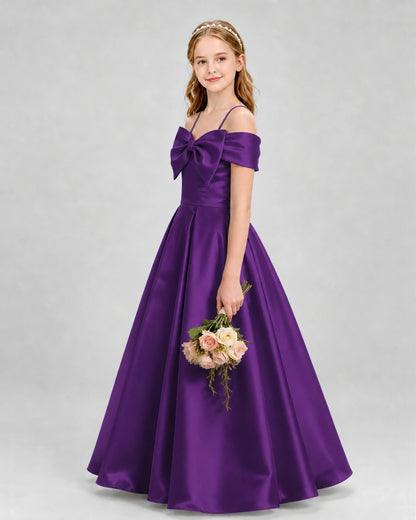 Purple Satin Off-The-Shoulder Bow A-Line Girls Formal Dresses Side View