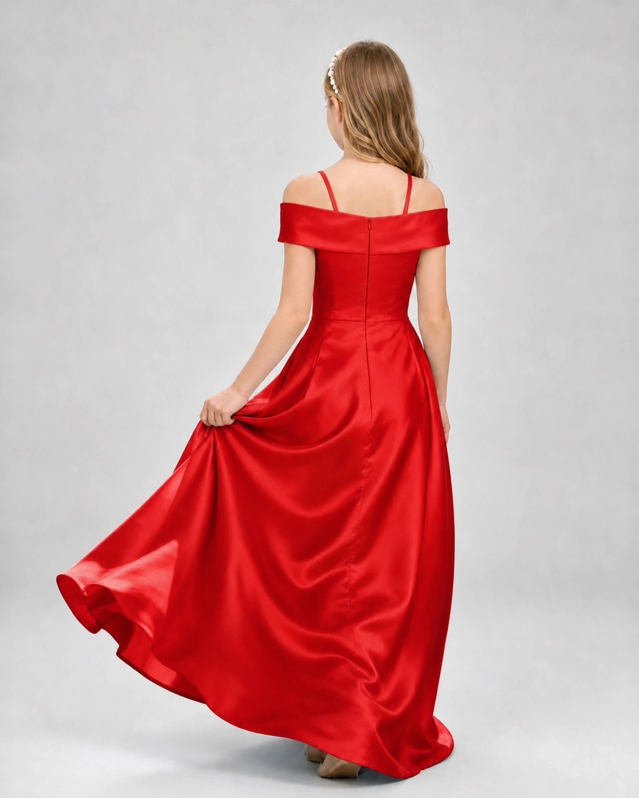 Red Satin Off-the-Shoulder A-Line Girls Formal Dresses Back View