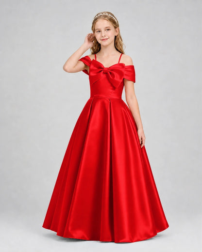 Red Satin A-Line Girls Formal Dresses Front View
