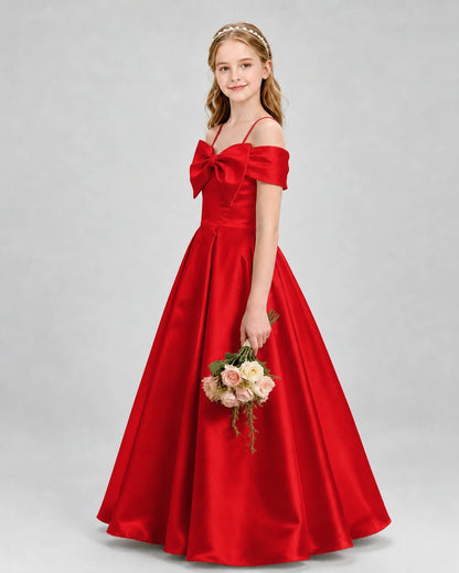 Red Satin Bow Off-the-Shoulder Girls Formal Dresses Side View
