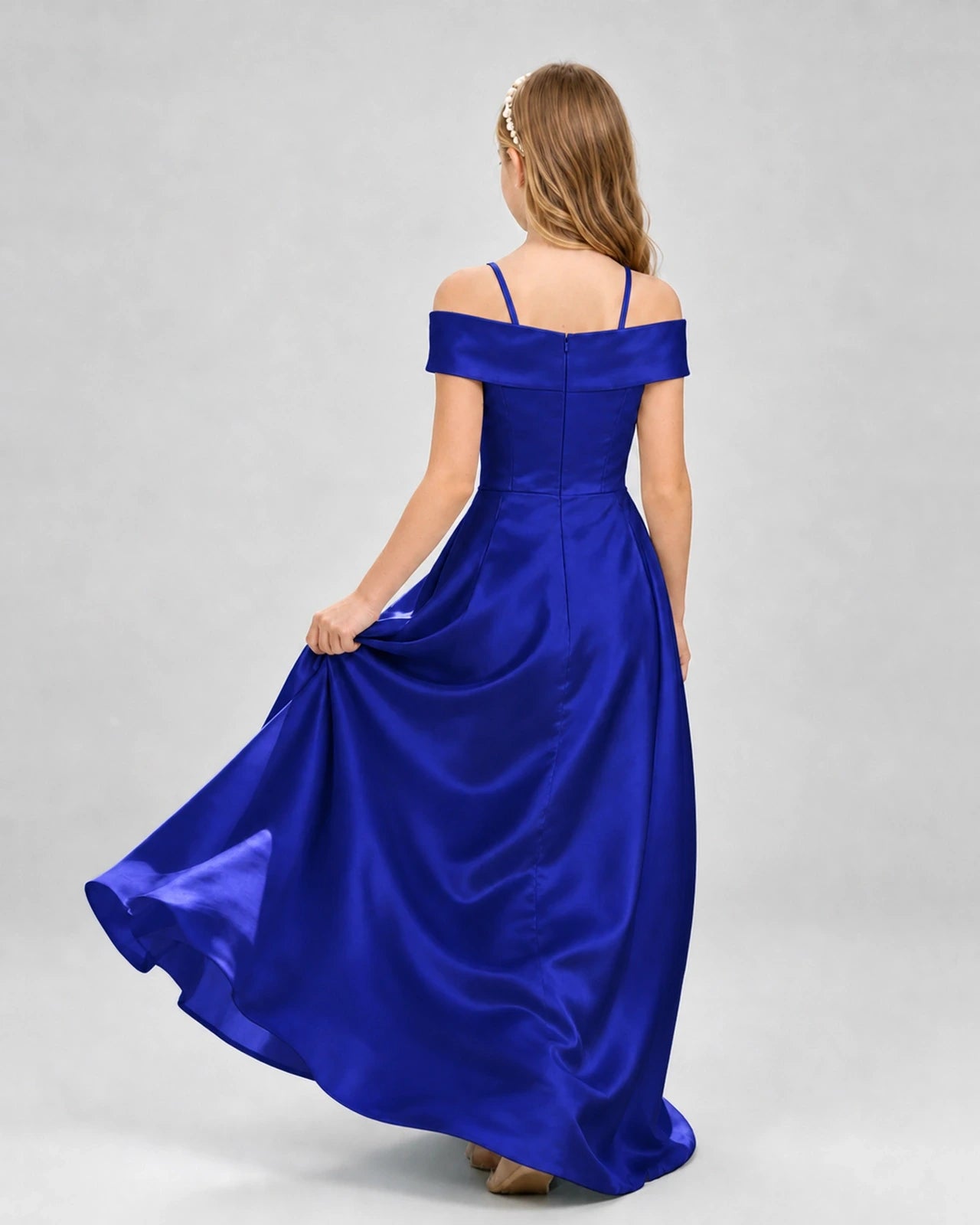 Royal blue satin off-the-shoulder girls formal dresses Back View