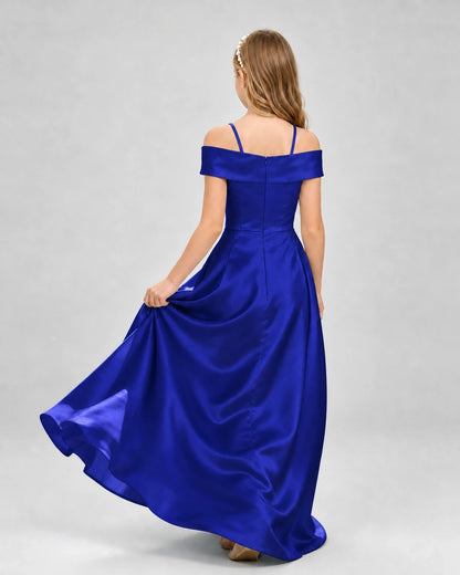 Royal blue satin off-the-shoulder girls formal dresses Back View