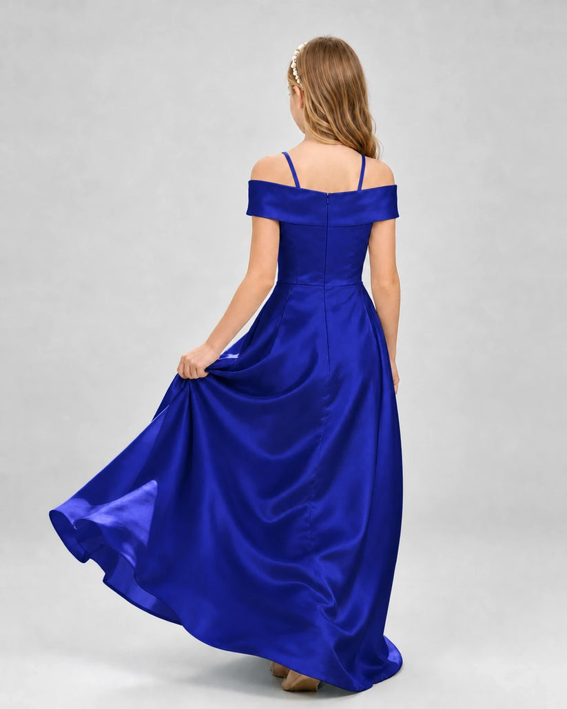 Royal blue satin off-the-shoulder girls formal dresses Back View