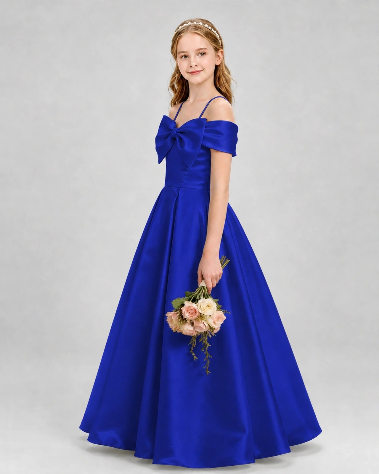 Royal Blue Satin A-Line Girls Formal Dresses Side View
