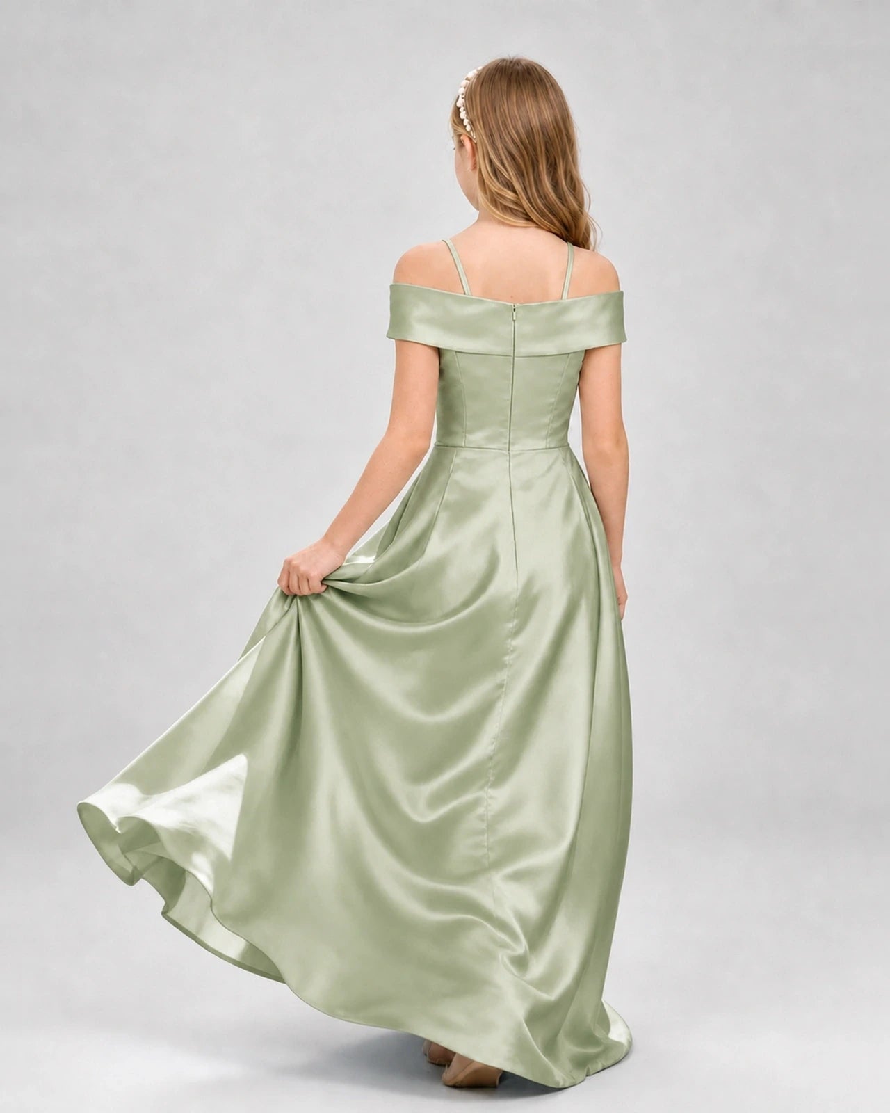 Sage green satin off-the-shoulder A-line girls formal dresses back view