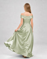 Sage green satin off-the-shoulder A-line girls formal dresses back view