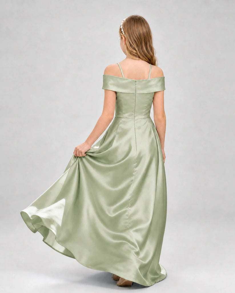 Sage green satin off-the-shoulder A-line girls formal dresses back view