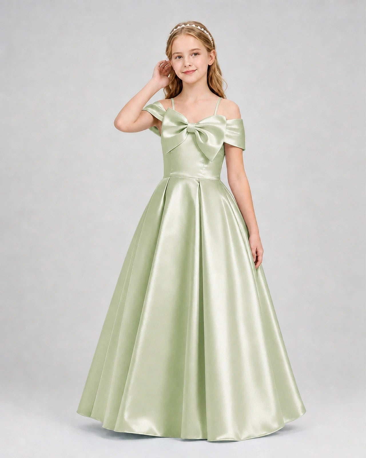 Sage green satin bow cold shoulder girls formal dresses front view