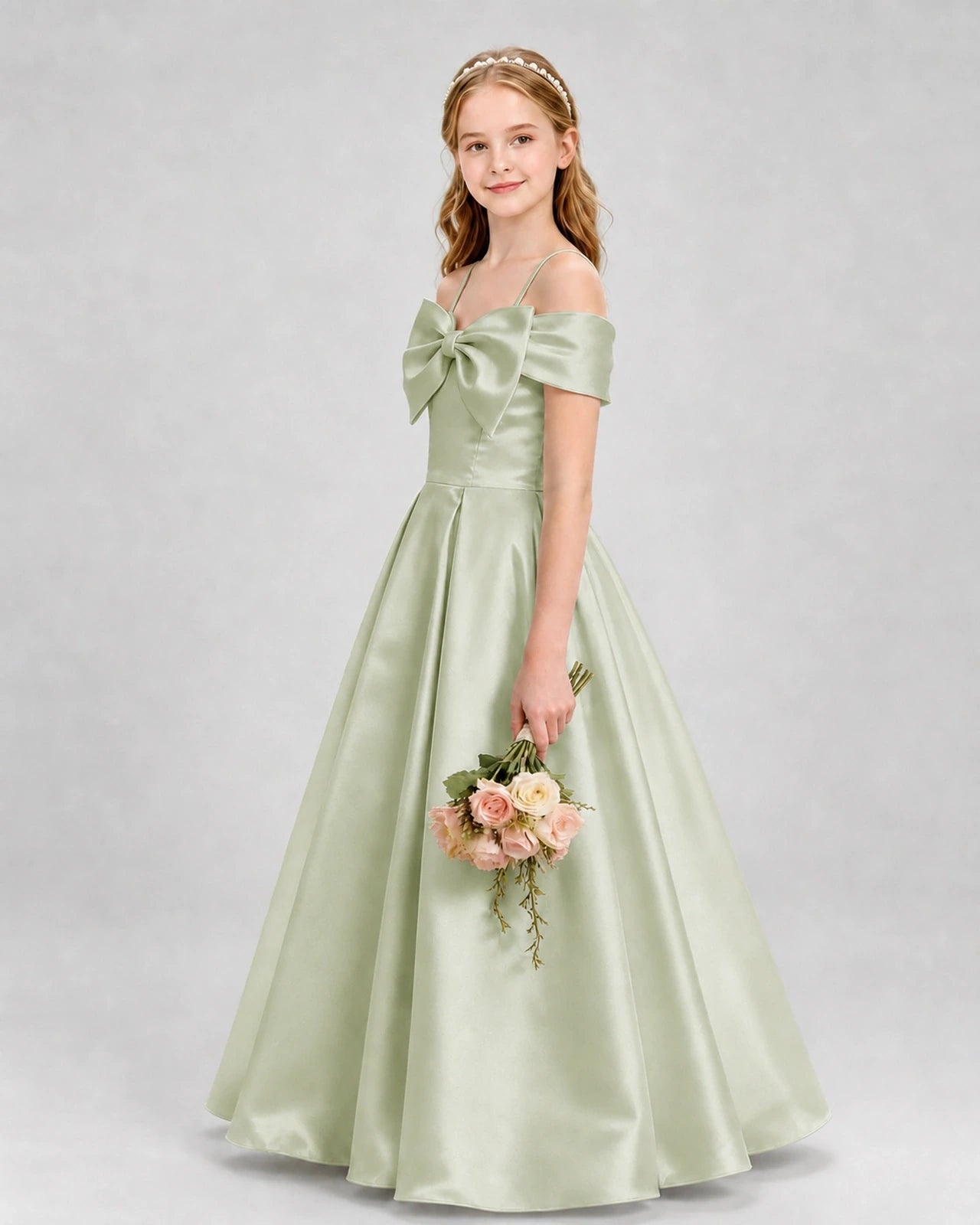 Sage green satin A-line girls formal dresses side view