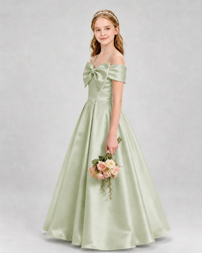 Sage green satin A-line girls formal dresses side view