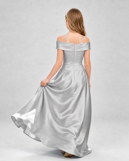 Silver Satin Off-the-Shoulder A-Line Girls Formal Dresses Back View