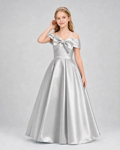 Silver Satin Off Shoulder Bow A-Line Girls Formal Dresses Front View
