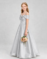 Silver Satin Bow A-Line Girls Formal Dresses Side View