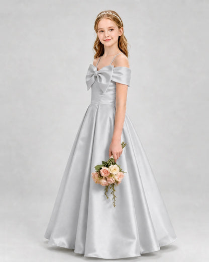 Silver Satin Bow A-Line Girls Formal Dresses Side View