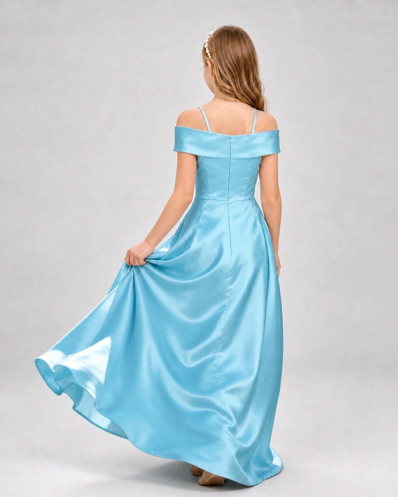 Sky Blue Satin Off-Shoulder Girls Formal Dresses Back View